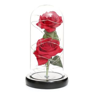Παντοτινά Τριαντάφυλλα σε Γυάλινο Βάζο με Θερμό LED Φωτισμό 19x11cm - Κόκκινα
