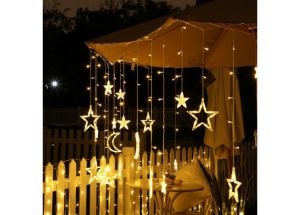 LED Χριστουγεννιάτικα Φωτάκια Κουρτίνα 3,30m σε Σχήμα Αστεριών και Φεγγάρια ΛΕΥΚΟ ΘΕΡΜO